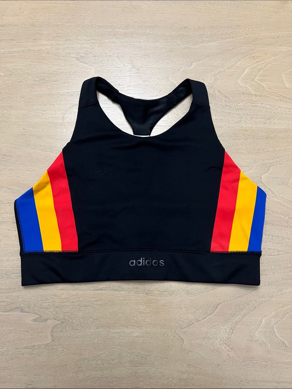 adidas x farm Black Sports Bra with Red, Yellow and Blue Side Stripes